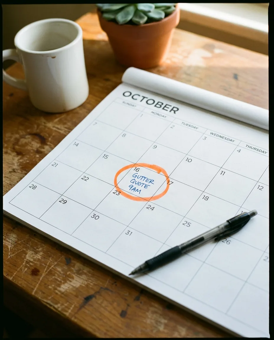 Desk calendar with an Express Gutters work appointment circled in orange