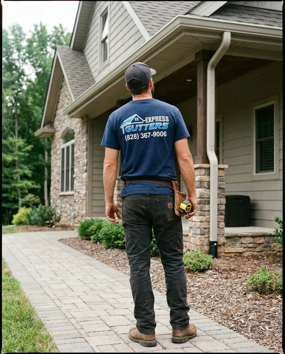 Express Gutters Field Manager Devon checking the gutter line on a WNC home before writing a quote