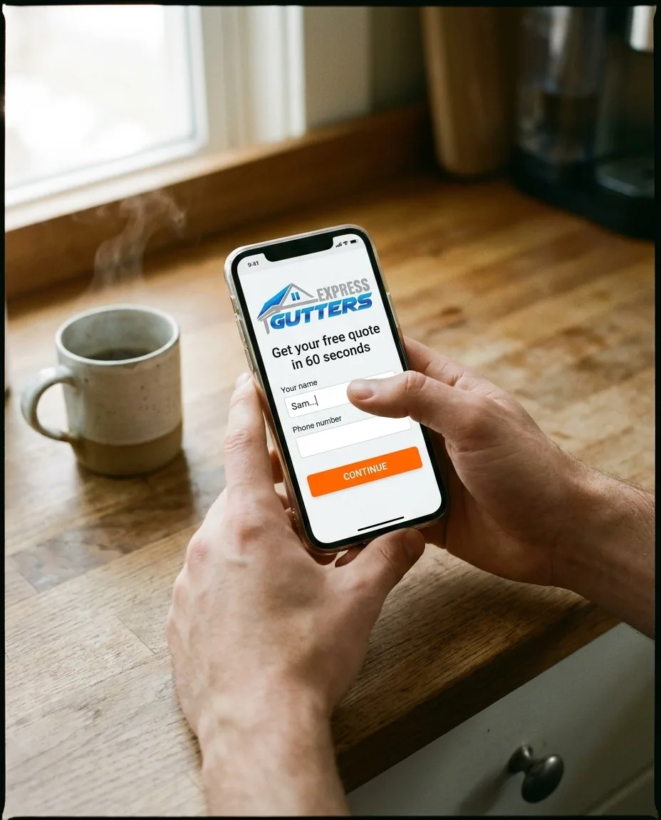 Homeowner filling out the Express Gutters free quote form on their phone