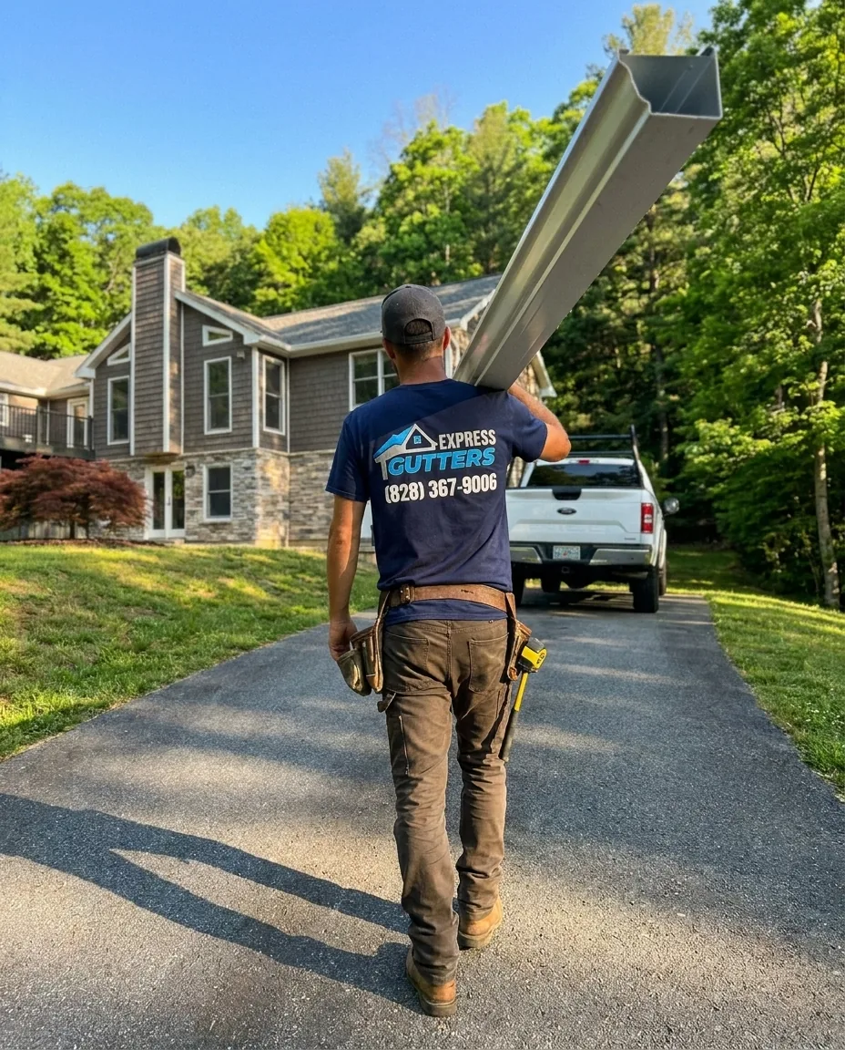 Express Gutters in-house crew working on a residential gutter installation in Western North Carolina