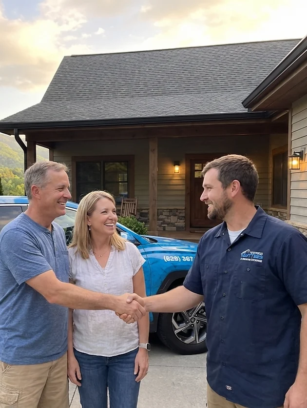 Happy homeowner with new Express Gutters installation backed by a satisfaction guarantee
